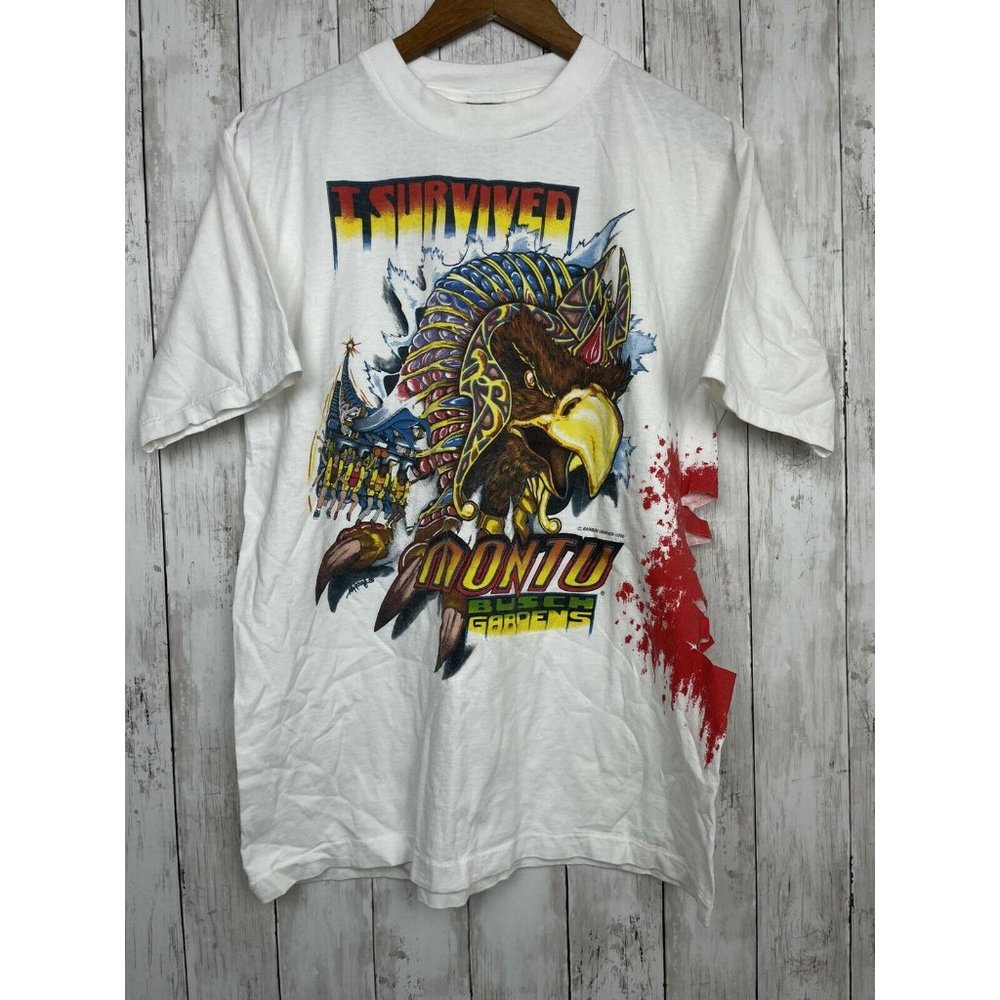 Vintage Busch Gardens Montu T Shirt Large 1996 Extremely Rare Eagle Claw Rib Rip